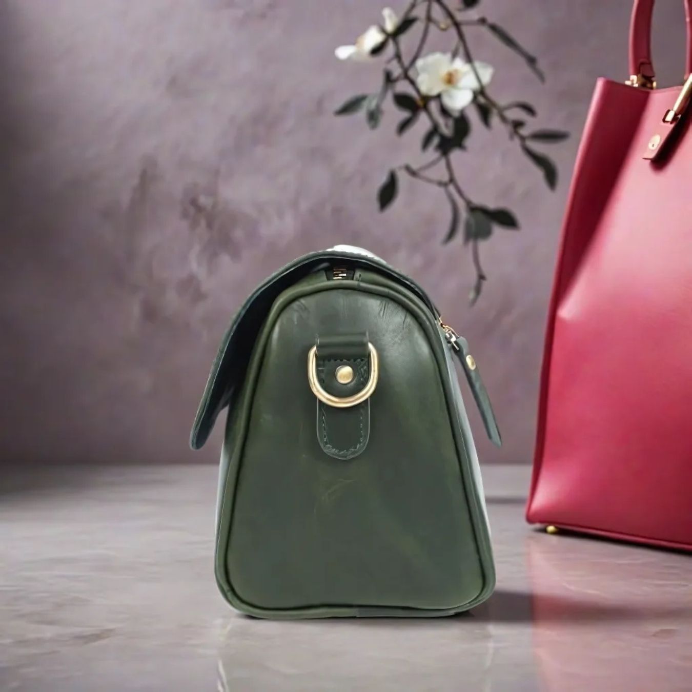 Premium Dark Green Leather Shoulder Bag – Elegant Embroidered Floral Design for Women