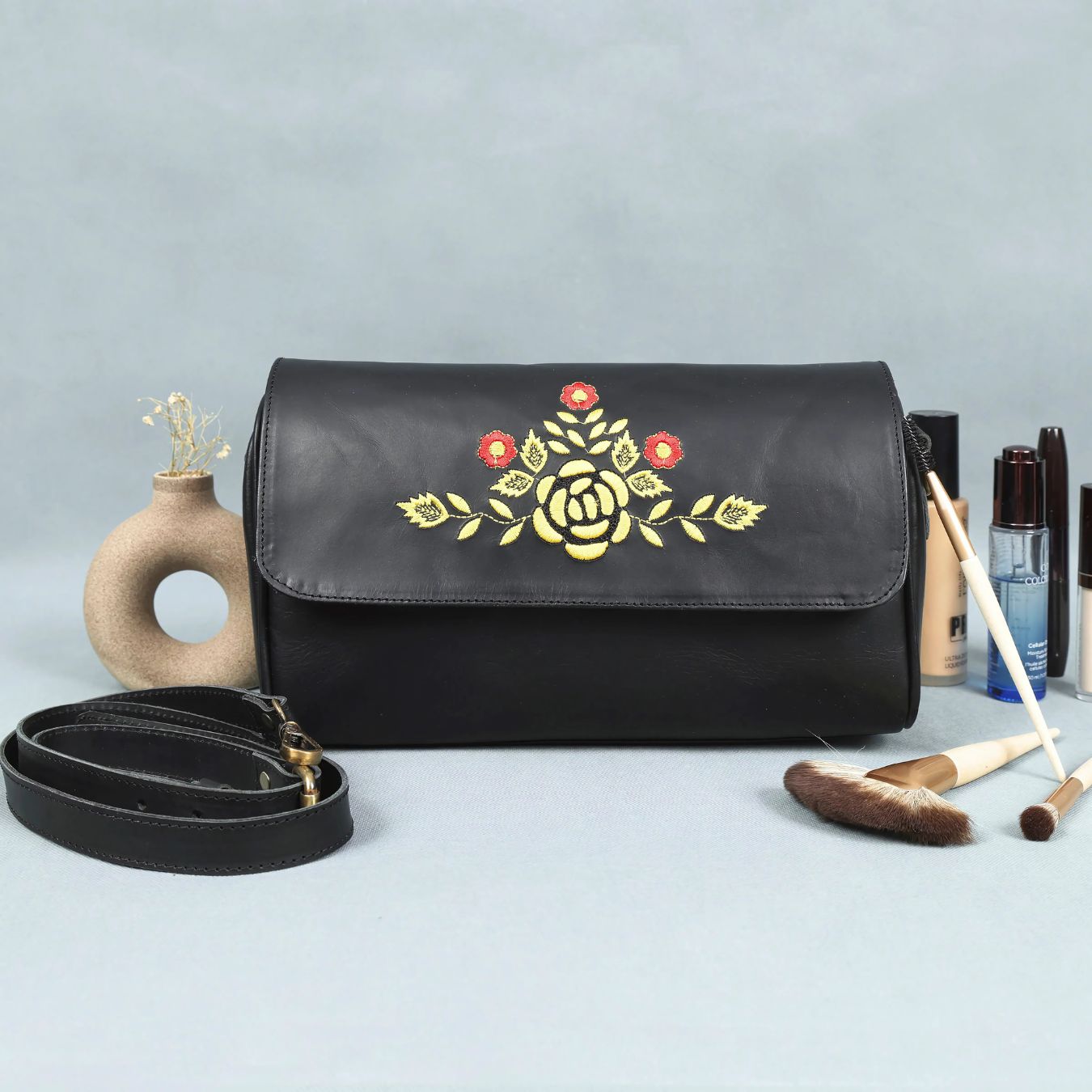 Premium Black Leather Shoulder Bag – Floral Embroidered Chic Elegance
