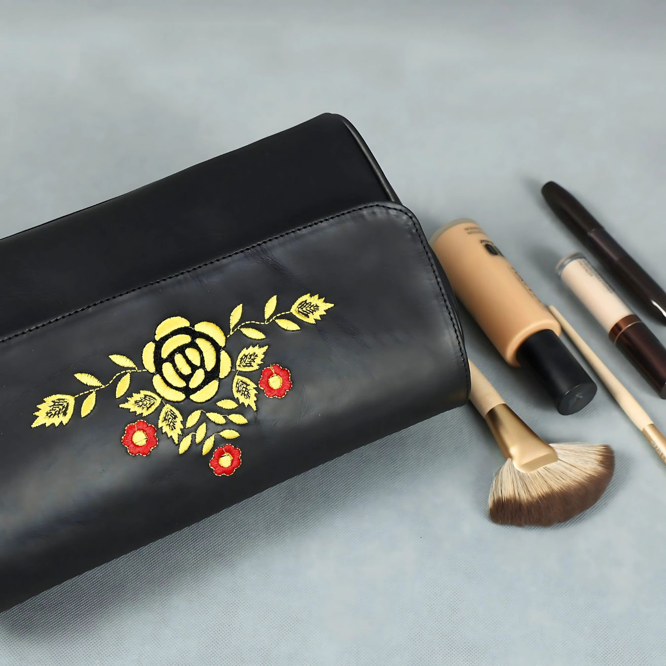 Premium Black Leather Shoulder Bag – Floral Embroidered Chic Elegance