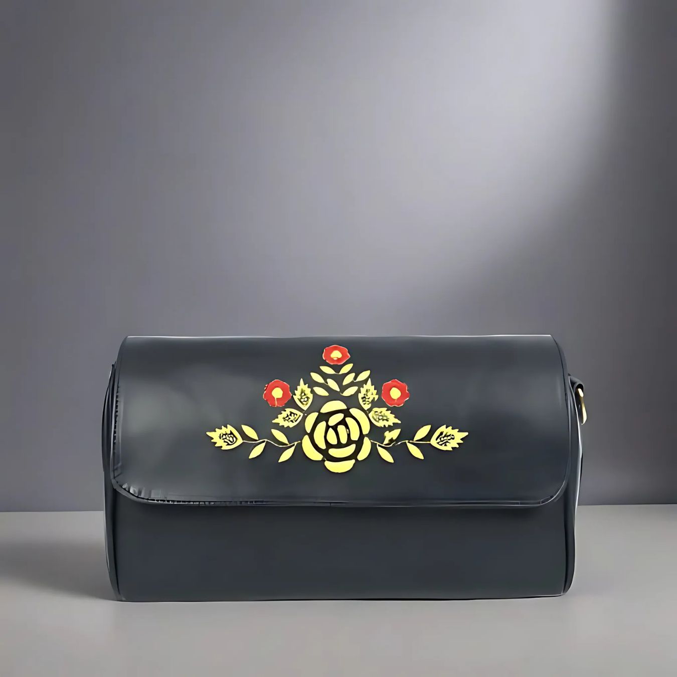 Premium Black Leather Shoulder Bag – Floral Embroidered Chic Elegance