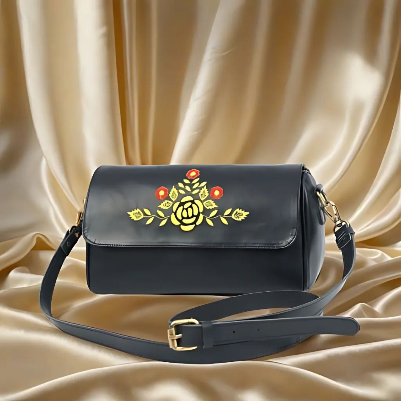 Premium Black Leather Shoulder Bag – Floral Embroidered Chic Elegance