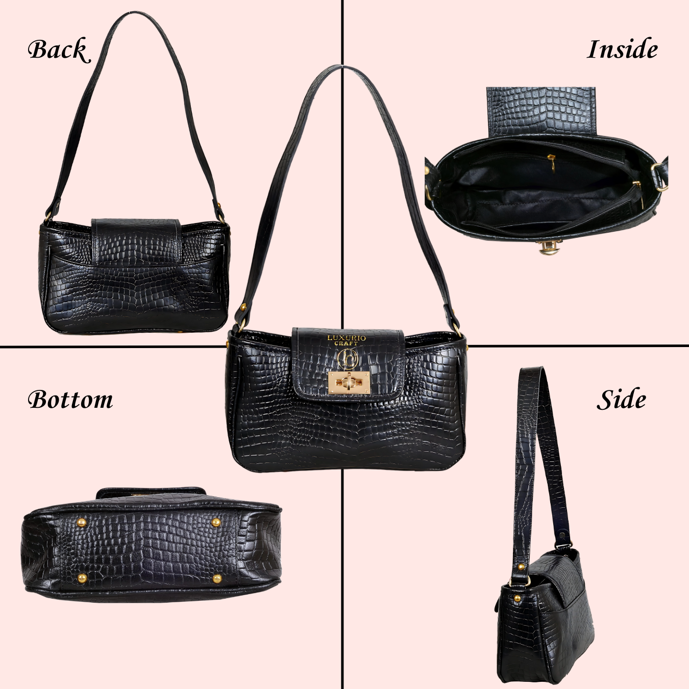 Elegant Black Croco Print Handbag for Women – Timeless & Versatile